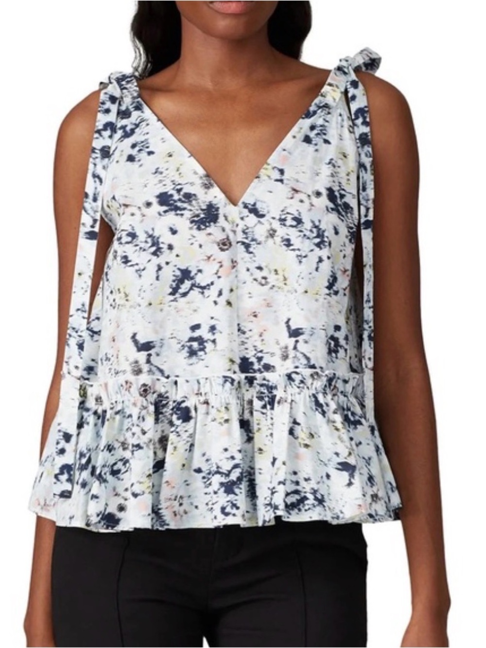 Jason Wu Blurred Magnolia Sleeveless Peplum Shoulder Tie Blouse 100% Cotton Sz 6